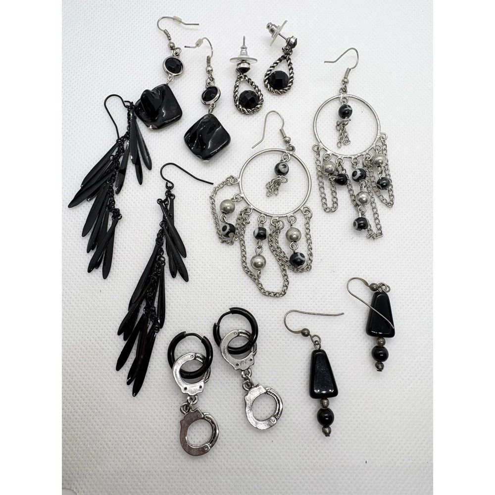 Lot of 6 Pairs Black & Silver Earrings Goth Halloween Dark Academia Punk Emo Alt